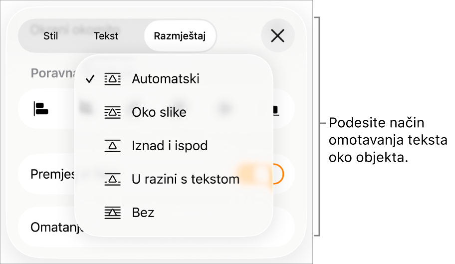 Kontrole Omatanje teksta s postavkama za Automatski, Oko slike, Iznad i ispod, U razini s tekstom i Bez.