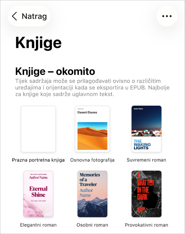 Izbornik predložaka s predlošcima knjiga u orijentaciji portret na vrhu i orijentaciji pejzaž ispod.
