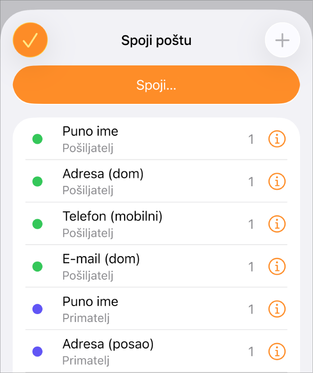 Instance polja spajanja popisane u izborniku Spajanje pošte.
