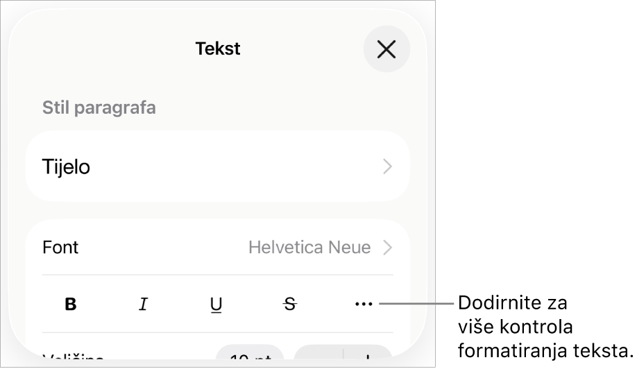 Kartica Tekst u kontrolama formatiranja, s oblačićem na tipku Dodatne opcije teksta.
