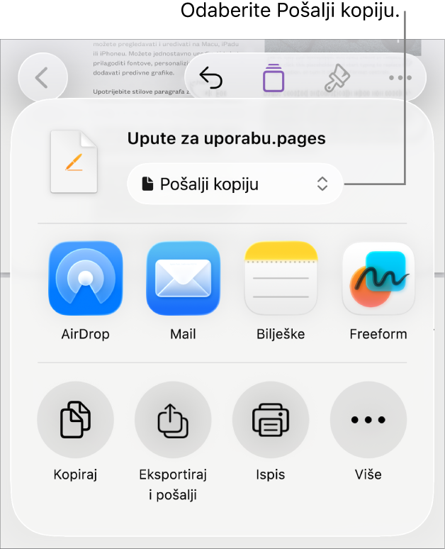 Izbornik dijeljenja s odabranom opcijom Pošalji kopiju pri vrhu.
