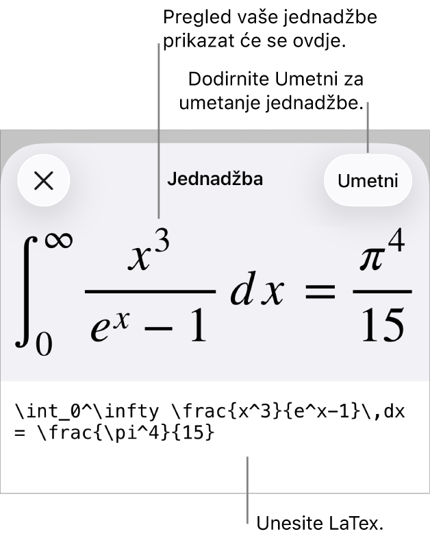 Dijaloški okvir Jednadžba koji prikazuje jednadžbu napisanu korištenjem LaTeX naredbi i prikaz gornje formule.