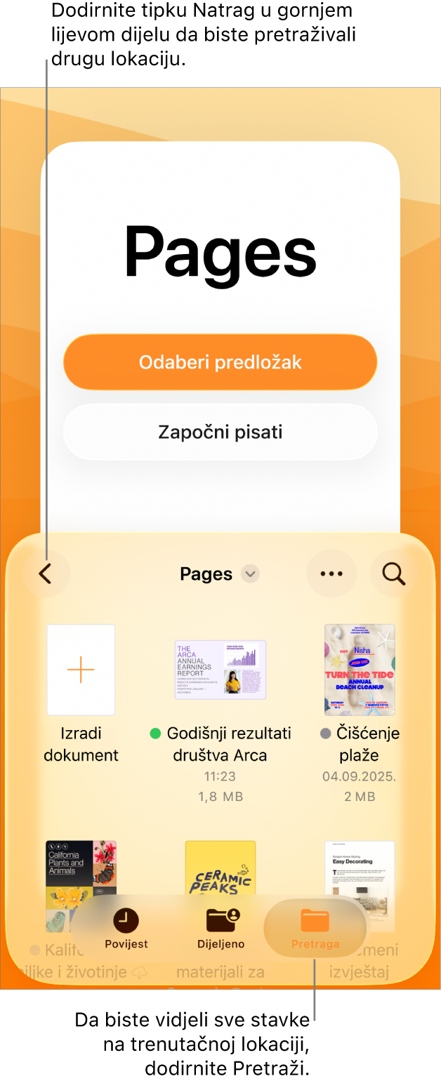 Prikaz pretraživanja upravljanja dokumentima s tipkom Natrag u gornjem lijevom kutu, a ispod njega nalazi se polje za pretraživanje. Ispod polja za pretraživanje nalazi se tipka Izradi dokument pokraj minijatura postojećih dokumenata. U gornjem desnom kutu nalazi se tipka Dodaj dokument i tipka Više. Na dnu zaslona nalaze se tipke Nedavne stavke, Podijeljeno i Pretraži.