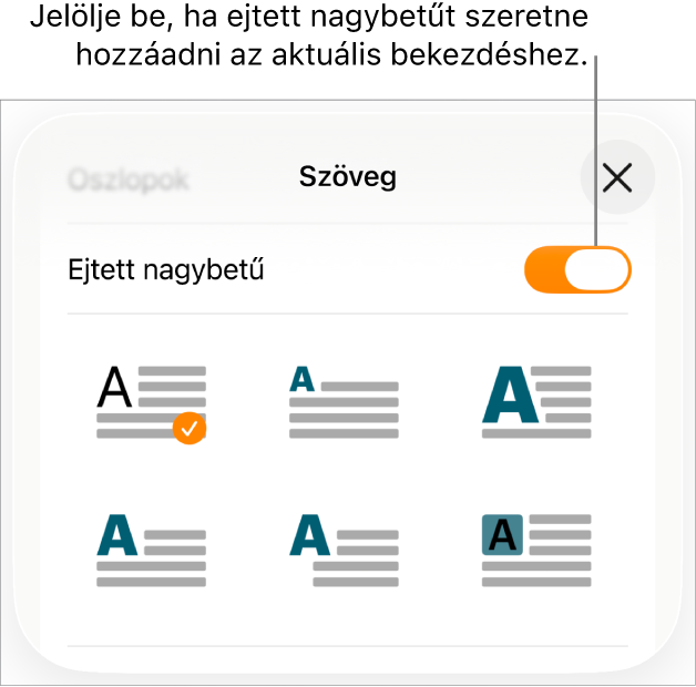 A Szöveg menüben található Iniciálé vezérlők.