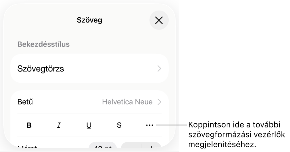 A formázásvezérlők Cella lapja, a További szövegbeállítások gombot jelölő felirattal.