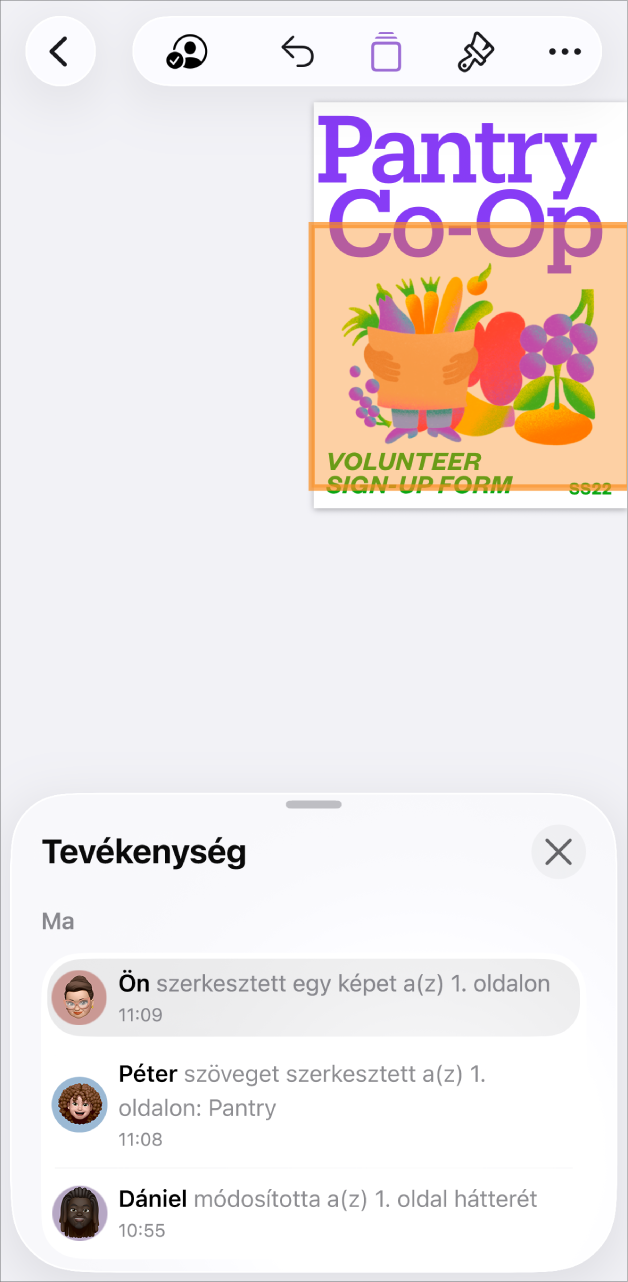 Az együttműködési menü a jelenlegi résztvevőkkel.