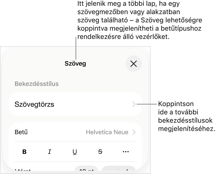 A Formátum menü a bekezdés és a karakterek stílusának, betűtípusának, méretének és színének beállítására szolgáló vezérlőkkel.