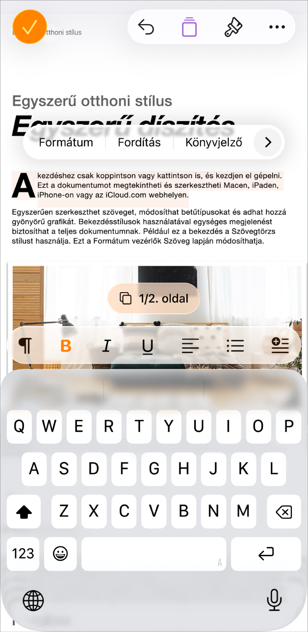 Egy megnyitott dokumentum a sablon kijelölt helyőrző szövegével.