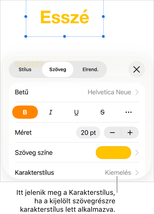 A Szövegformázás vezérlők a Karakterstílussal a Színek vezérlői alatt. A Nincs karakterstílus látható egy csillag szimbólummal.