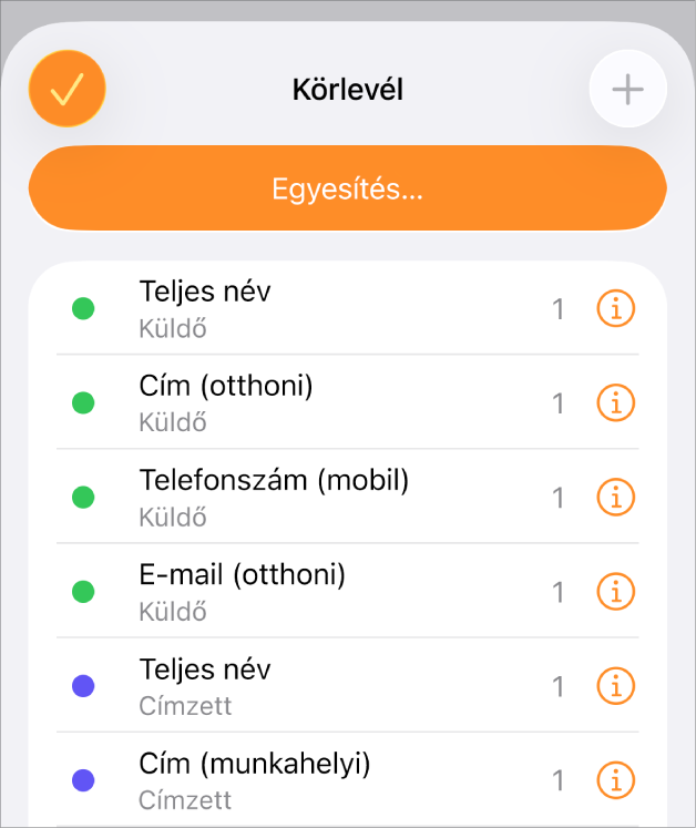 A Mail Egyesítés menüjében felsorolt körlevélmező-előfordulások.
