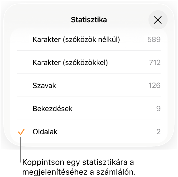 A Statisztika menü, amelyben a karakterek száma (szóközökkel és anélkül), a szószám, a bekezdések száma és az oldalak száma megjelenítésének beállításai láthatók.