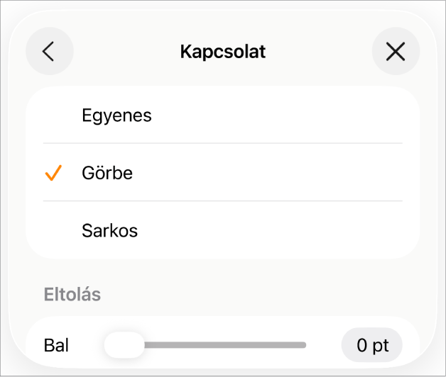 A Kapcsolatok vezérlők a kijelölt Görbe elemmel.