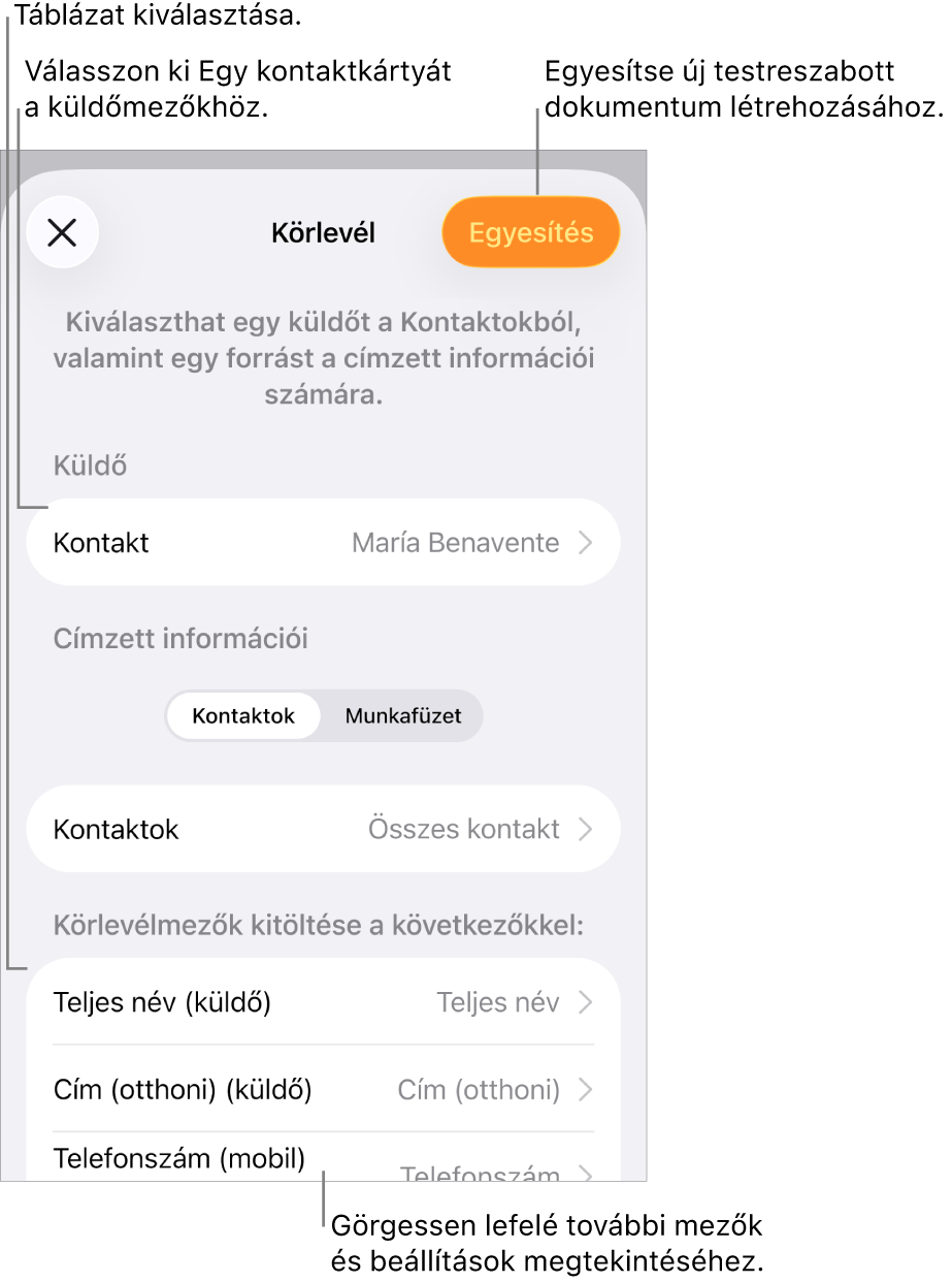 A megnyitott Körlevél panel a feladóinformációk kiválasztására, a forrásfájl vagy -táblázat módosítására, a körlevélmezőnevek előnézetére és a dokumentum egyesítésére szolgáló lehetőségekkel.