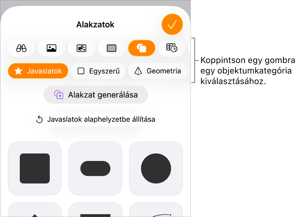 Az objektumok hozzáadására szolgáló vezérlők, felül a táblázatok, diagramok, alakzatok (vonalak és szövegmezők), valamint médiatartalmak kiválasztásához szükséges gombokkal.