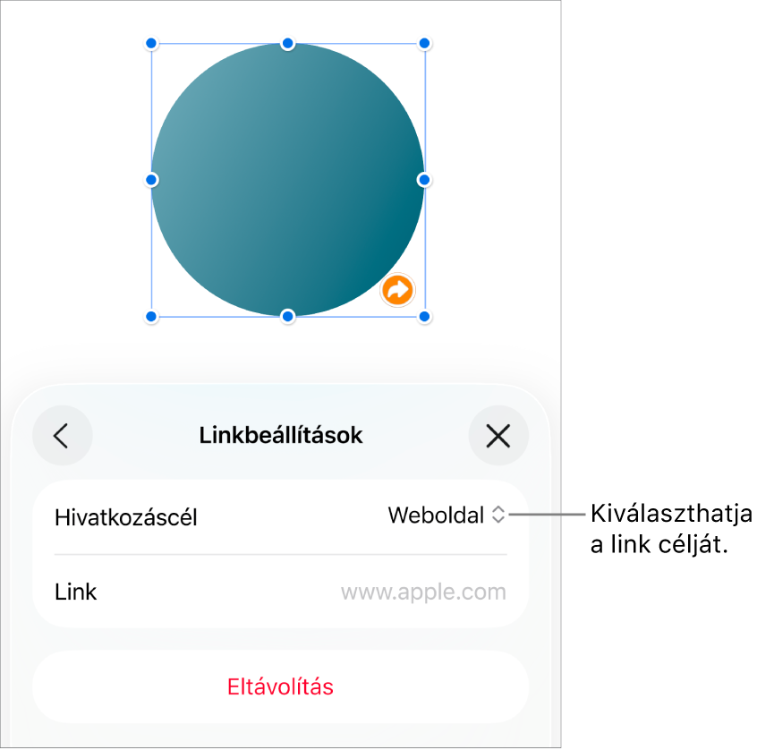A Linkbeállítások vezérlői a kijelölt Weboldal elemmel, illetve az alul megjelenő Eltávolítás gombbal.