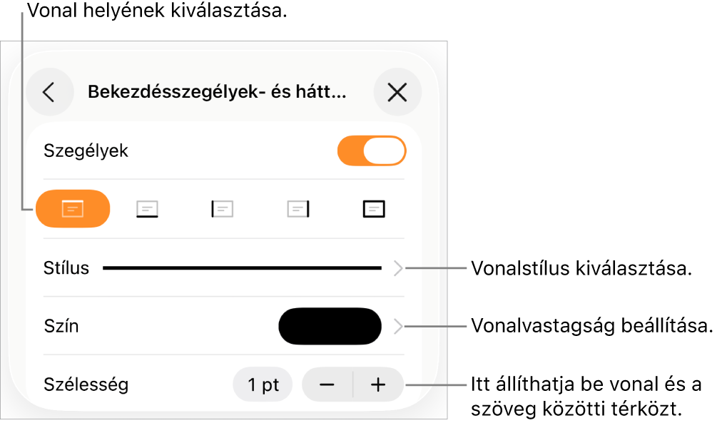 Vezérlők a vonal stílusának, vastagságának, helyének és színének módosításához.
