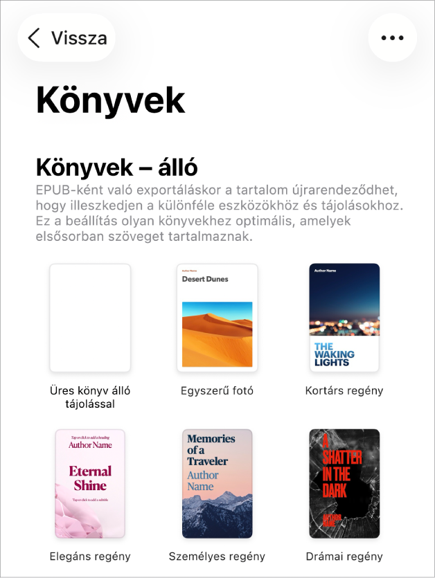 A sablonválasztó, az álló tájolású könyvsablonokkal fent, és a fekvő tájolású könyvsablonokkal lent.