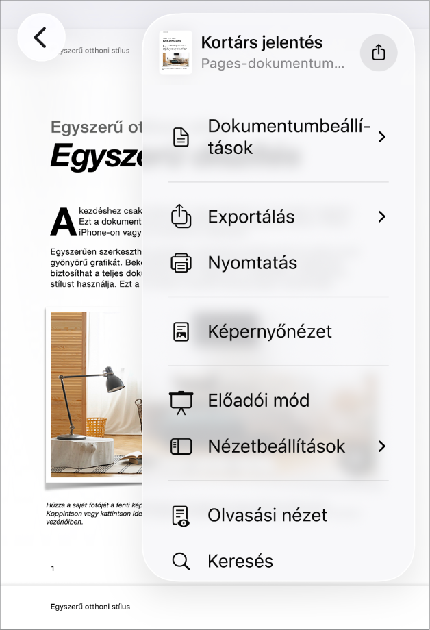 Megjelenik a Megosztás menü felül a küldési lehetőségekkel, míg alul a Másolás, az Exportálás és küldés, a Nyomtatás, az Új gyorsjegyzet, a Címkék hozzáadása és a Mentés a Fájlokba lehetőségekkel.