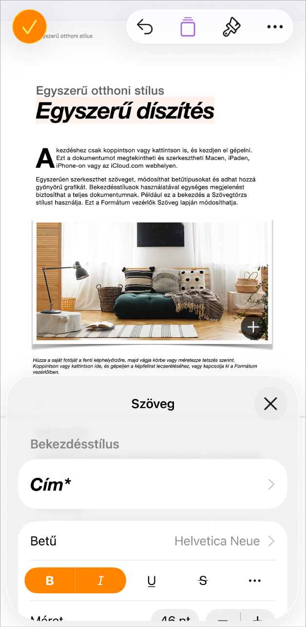 Egy megnyitott dokumentum kijelölt szöveggel és az alsó részen megjelenített szövegbeállításokkal.