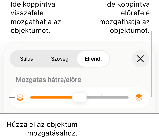 Visszafelé mozgatás gomb, Mozgatás előre gomb és a rétegezés csúszka.