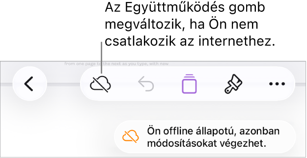A képernyő tetején található gombok, ahol az Együttműködés gomb egy átlósan áthúzott felhőre módosul. Figyelmeztetés a képernyőn: „Offline módban van, de folytathatja a szerkesztést”.