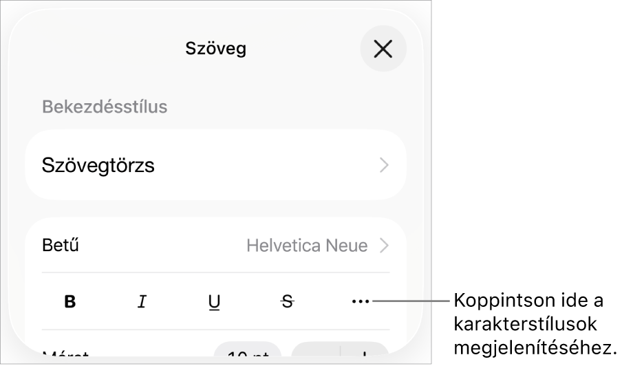 A formázásvezérlők a következő gombokkal: Félkövér, Dőlt, Aláhúzott, Áthúzott és További szövegbeállítások.