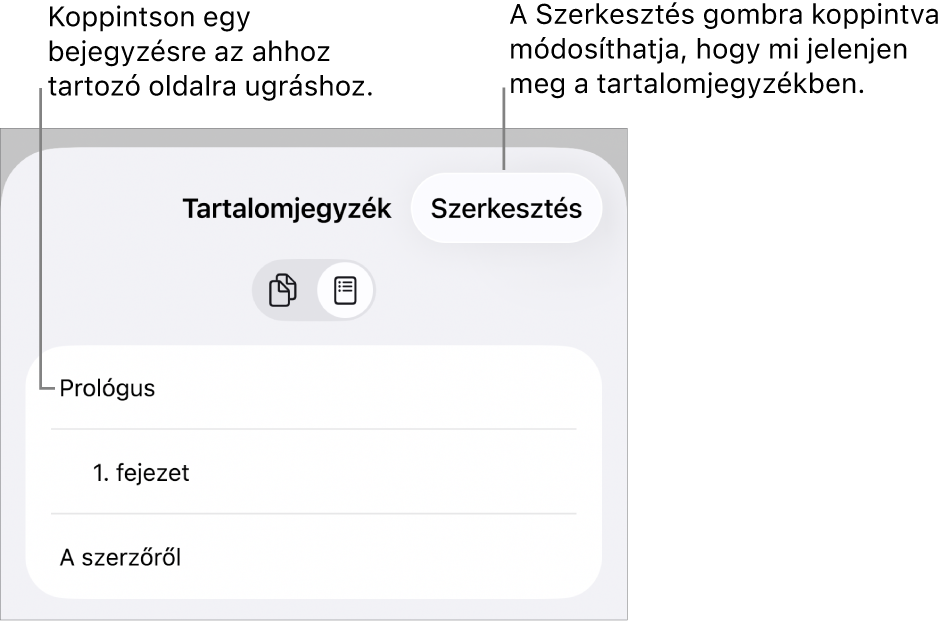 A tartalomjegyzék nézete a listába rendezett fejlécekkel. A Szerkesztés gomb a jobb felső sarokban található, míg lent az Oldalbélyegképek és Tartalomjegyzék gombok láthatók.