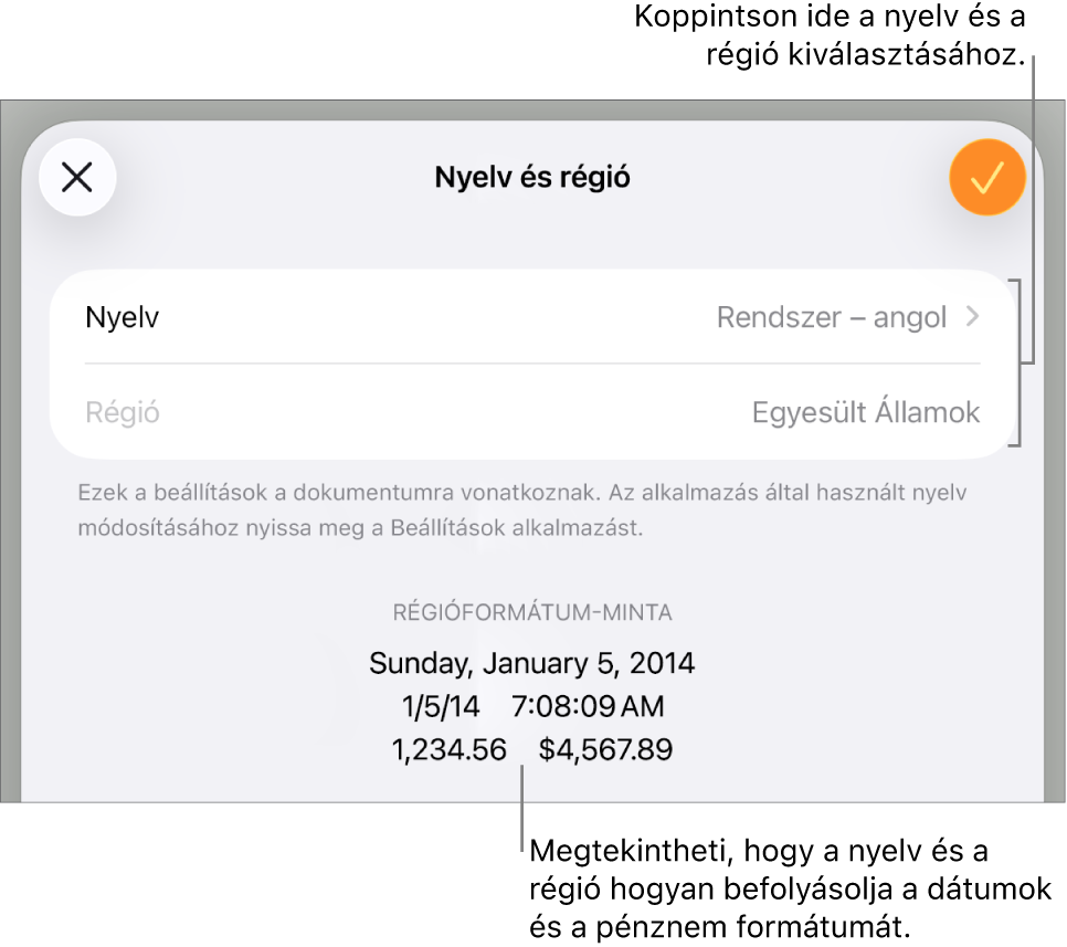 A Nyelv és régió panel a nyelv és régió vezérlőivel és egy formátum példával (ide értve: dátum, idő, tizedes és valuta).