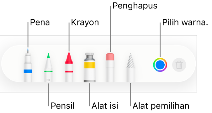 Bar alat gambar di Pages di iPhone dengan alat pena, pensil, krayon, isi, penghapus, alat pemilihan, dan bidang warna yang menampilkan warna saat ini.