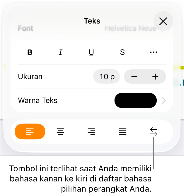 Kontrol teks di menu Format dengan keterangan yang menunjuk ke tombol Kanan ke Kiri.