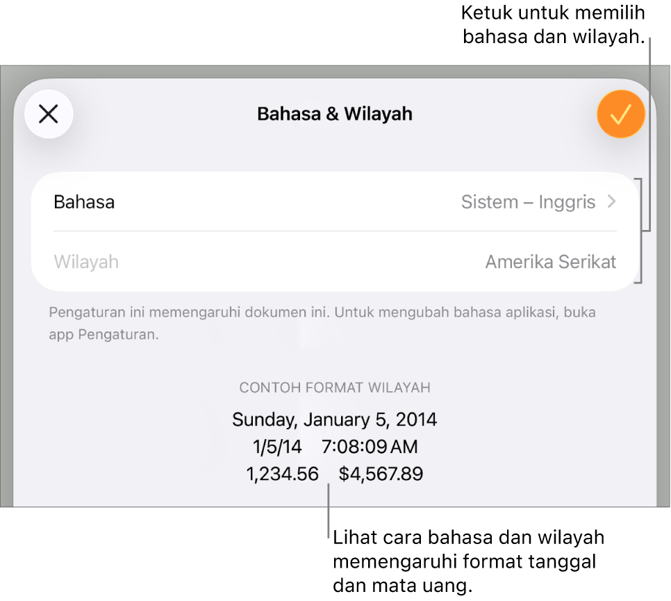 Panel Bahasa dan Wilayah dengan kontrol untuk bahasa dan wilayah, serta contoh format termasuk tanggal, waktu, desimal, dan mata uang.