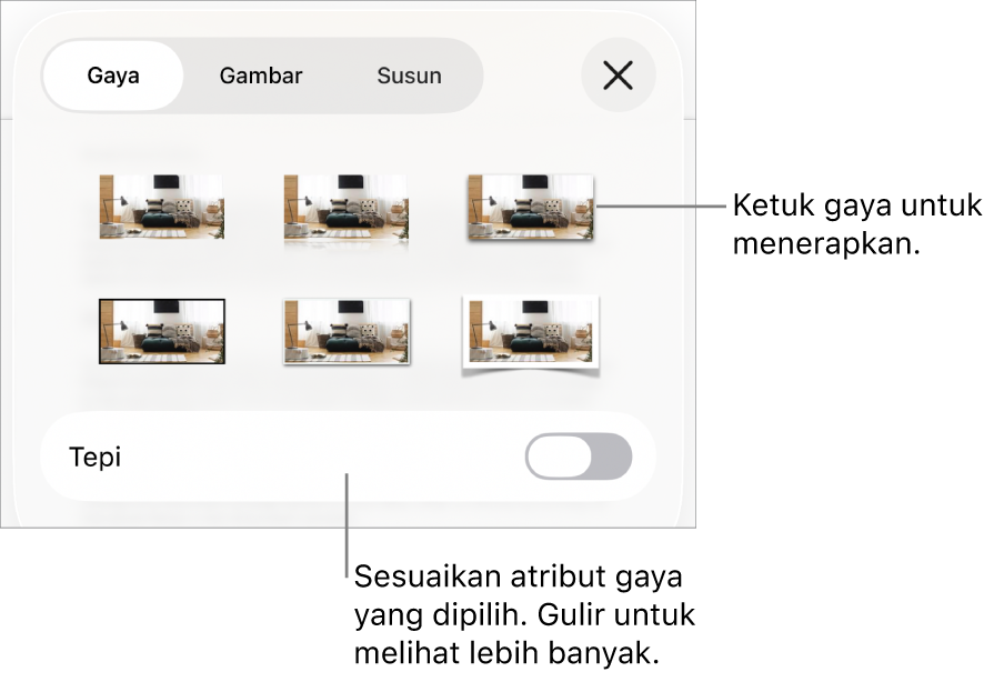 Gaya menu Format, dengan gaya objek di bagian atas dan kontrol di bawahnya untuk mengubah tepi.