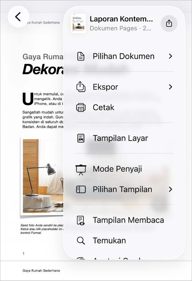 Menu Bagikan muncul, dengan pilihan kirim di bagian atas, dan pilihan Salin, Ekspor dan Kirim, Cetak, Catatan Cepat Baru, Tambah Label, dan Simpan ke File di bawah.
