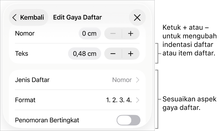 Menu Edit Gaya Daftar untuk spasi indentasi, jenis dan format daftar, penomoran bertingkat, dan spasi baris.