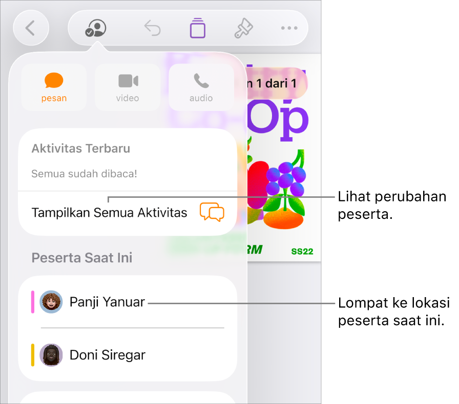 Menu kolaborasi dengan peserta saat ini terdaftar.