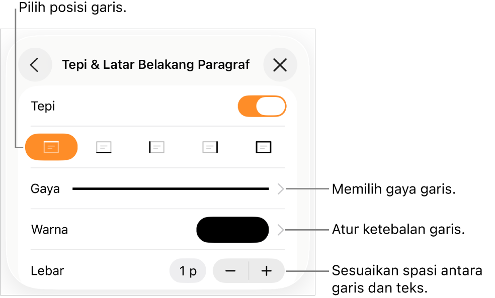 Kontrol untuk mengubah gaya, ketebalan, posisi, dan warna garis.
