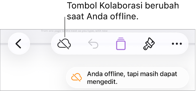 Tombol di bagian atas layar, dengan tombol Kolaborasikan berubah menjadi awan dengan garis diagonal melaluinya. Peringatan di layar bertuliskan “Anda offline tapi masih dapat mengedit”.