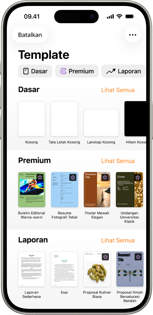 Pemilih template, menampilkan baris kategori di sepanjang bagian atas yang dapat Anda ketuk untuk memfilter pilihan. Di bawah terdapat gambar mini template yang didesain sebelumnya yang diatur dalam baris menurut kategori, dimulai dengan Baru di bagian atas dan diikuti dengan Terbaru dan Dasar. Tombol Lihat Semua muncul di atas dan di sebelah kanan setiap baris kategori.