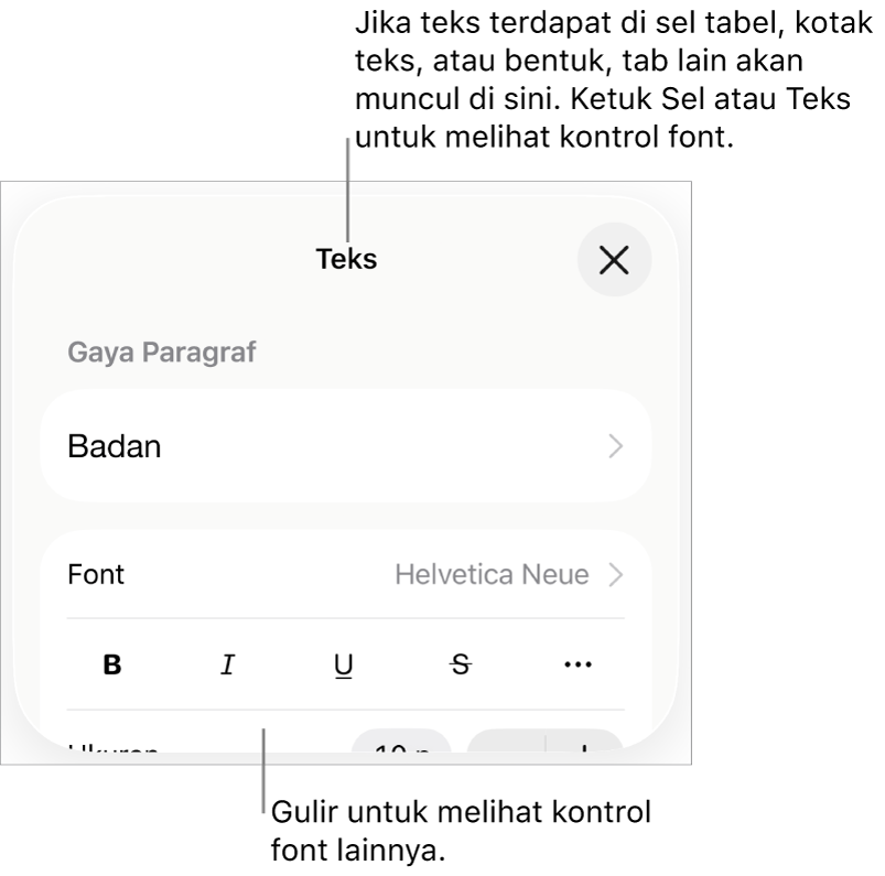Kontrol teks di menu Format untuk mengatur paragraf dan gaya karakter, font, ukuran, dan warna.