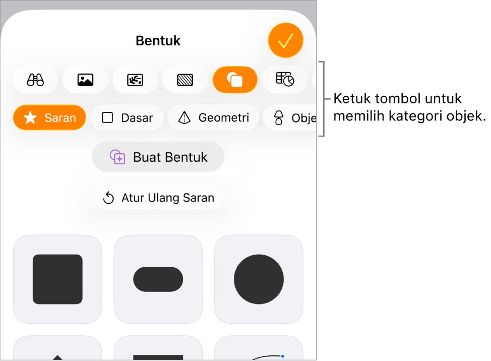 Kontrol Sisipkan dibuka dengan tombol untuk menambahkan tabel, bagan, teks, bentuk, dan media di bagian atas.