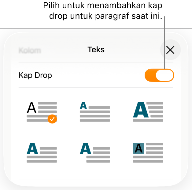 Kontrol Kap Drop terletak di menu Teks.