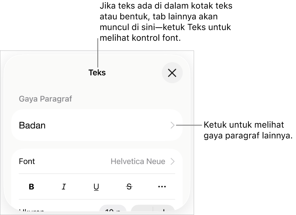 Menu Format menampilkan kontrol teks untuk mengatur paragraf dan gaya karakter, font, ukuran, dan warna.