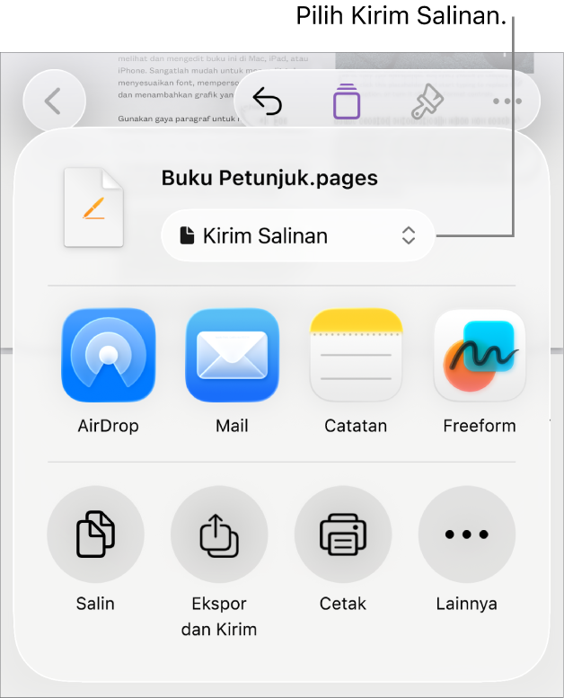 Menu Bagikan dengan Kirim Salinan dipilih di bagian atas.
