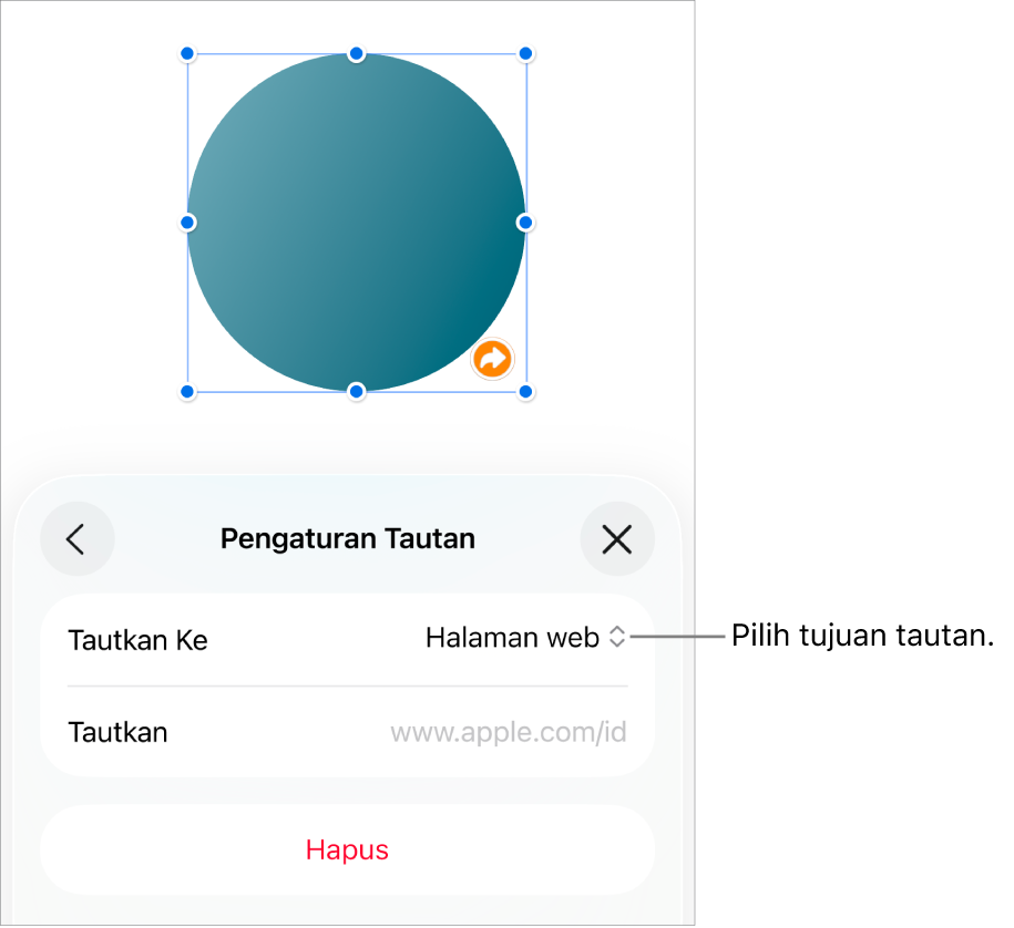 Kontrol Pengaturan Tautan dengan Halaman Web dipilih, dan tombol Hapus di bagian bawah.