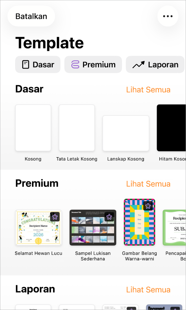 Pemilih template, menampilkan baris kategori di sepanjang bagian atas yang dapat Anda ketuk untuk memfilter pilihan. Di bawah terdapat gambar mini template yang didesain sebelumnya yang diatur dalam baris menurut kategori, dimulai dengan Baru di bagian atas dan diikuti dengan Terbaru dan Dasar. Tombol Lihat Semua muncul di atas dan di sebelah kanan setiap baris kategori. Tombol Bahasa dan Wilayah berada di pojok kanan atas.