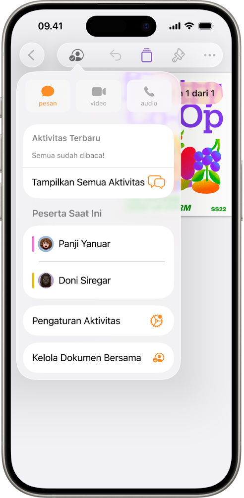 Menu kolaborasi menampilkan nama orang yang berkolaborasi di dokumen.