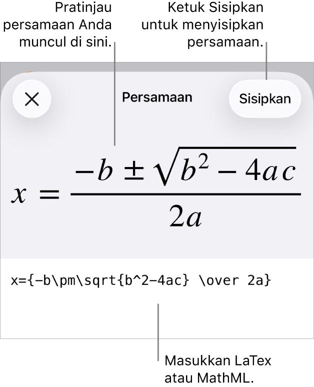 Dialog Persamaan, menampilkan sebuah persamaan ditulis menggunakan perintah MathML, dan pratinjau formula di atas.