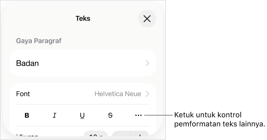 Tab teks pada kontrol Format, dengan keterangan ke tombol Pilihan Teks Lainnya.
