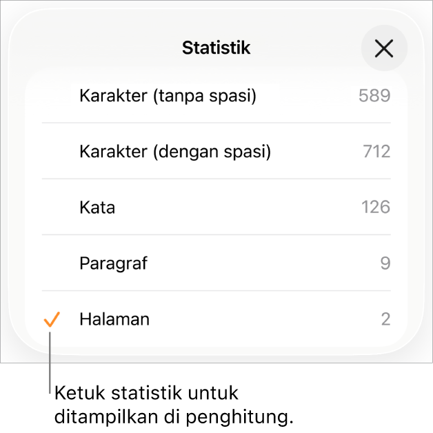Menu Statistik yang menampilkan pilihan untuk menampilkan jumlah karakter tanpa dan dengan spasi, jumlah paragraf, dan jumlah halaman.