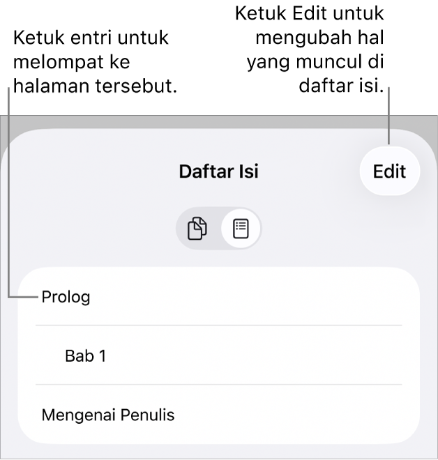 Tampilan daftar isi dengan heading di daftar. Tombol Edit terdapat di pojok kanan atas dan di bagian bawah terdapat tombol Gambar Mini Halaman serta Daftar Isi.